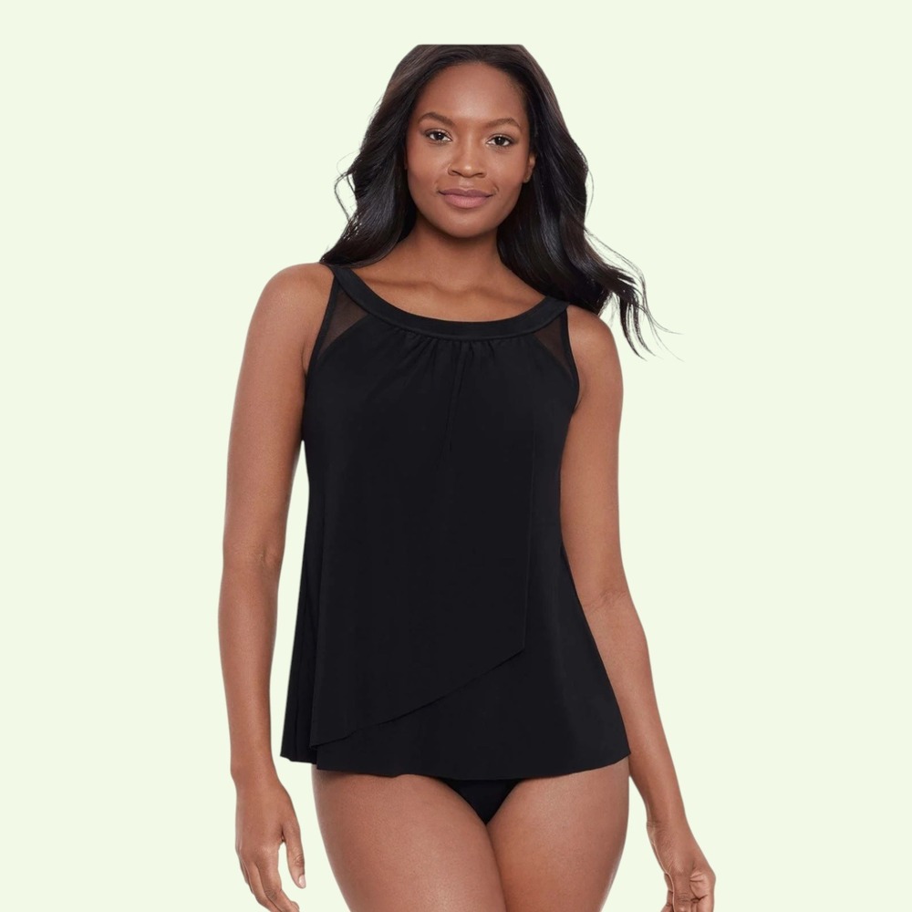 Miraclesuit Tankini Swimsuit Set 12 Black Draped Mesh Underwire Elegant Slimming